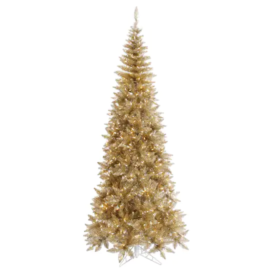 2,3 m Vorbeleuchteter schlanker künstlicher Weihnachtsbaum aus Champagner-Lametta, klare Dura-Lit™-Lichter